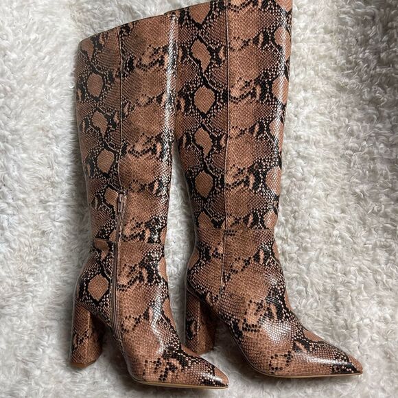 Gianni Bini Kellbie Leather Snakeskin printsTall brown Block Heel Boots SZ 9 .5 - Picture 4 of 12